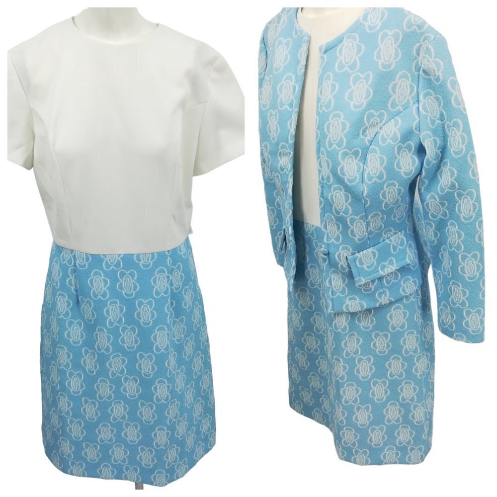 Vintage Georgia Griffin 60s Blue Flower Dress Jacket Set Size L? Polyester Retro